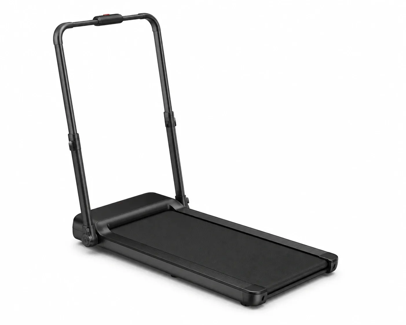 Folding walking pad treadmill with a raised handle on a plain background