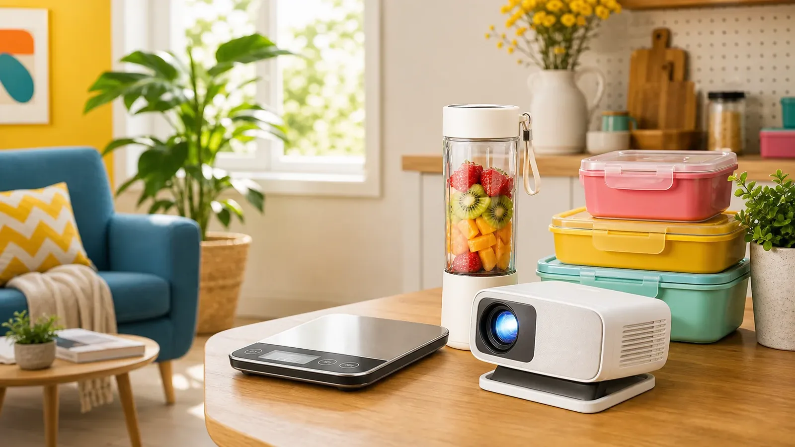 Mini projector, portable blender and kitchen gadgets on a sunny table