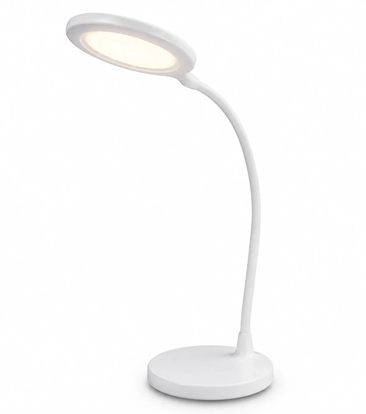White gooseneck LED desk lamp on a plain background