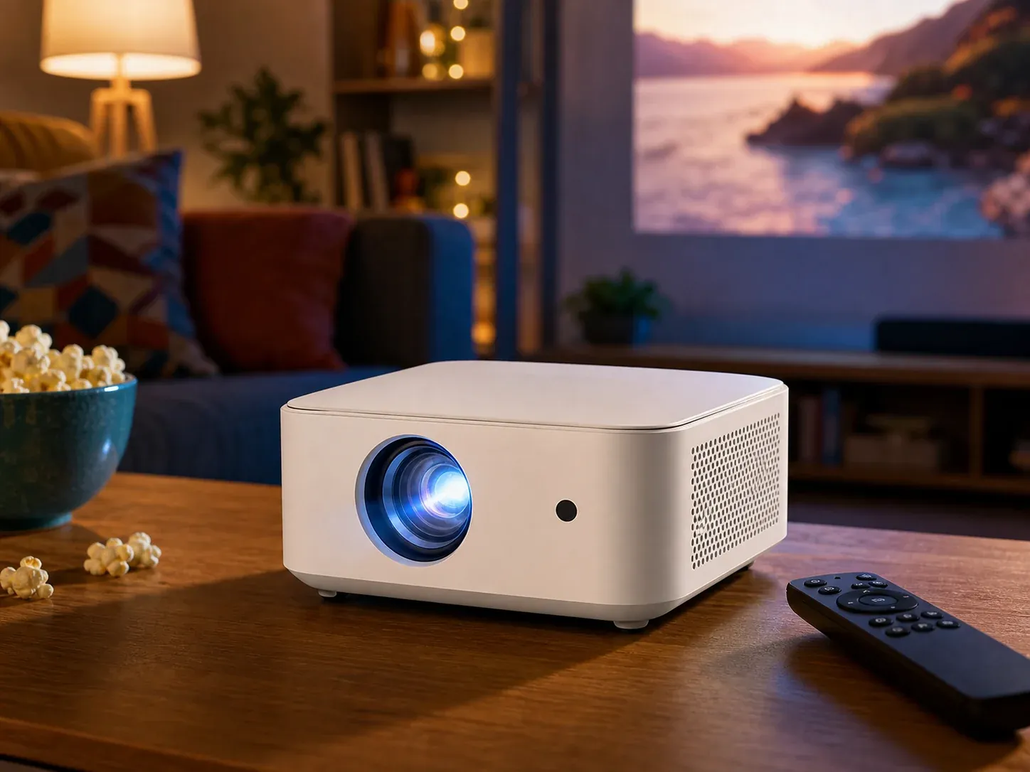 Compact white mini projector on a wooden table in a dim living room